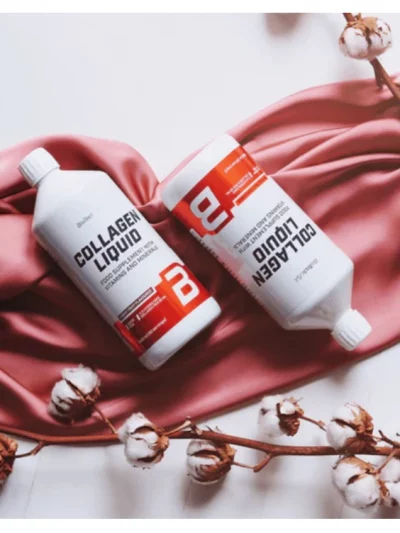 Collagen liquid 1000 ml. Both flavours on a red scarf and by BioTechUSA
