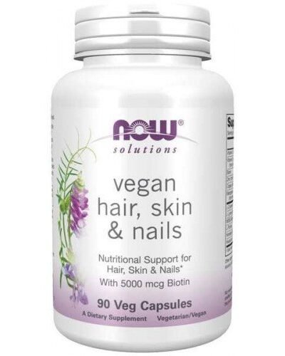 NOW Foods Vegan Hair Skin Nails 90 Vcaps plant-based beauty support with biotin and hyaluronic acid
